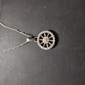 STERLING Silver Clear Rhinestone Circle Wheel Dainty Delicate Pendant Necklace